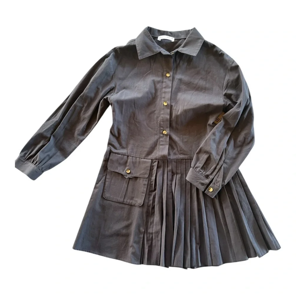 Zara Navy Blue Girls 13-14 Chunky Beltt Pleated Long Sleeve Button Mini Dress
